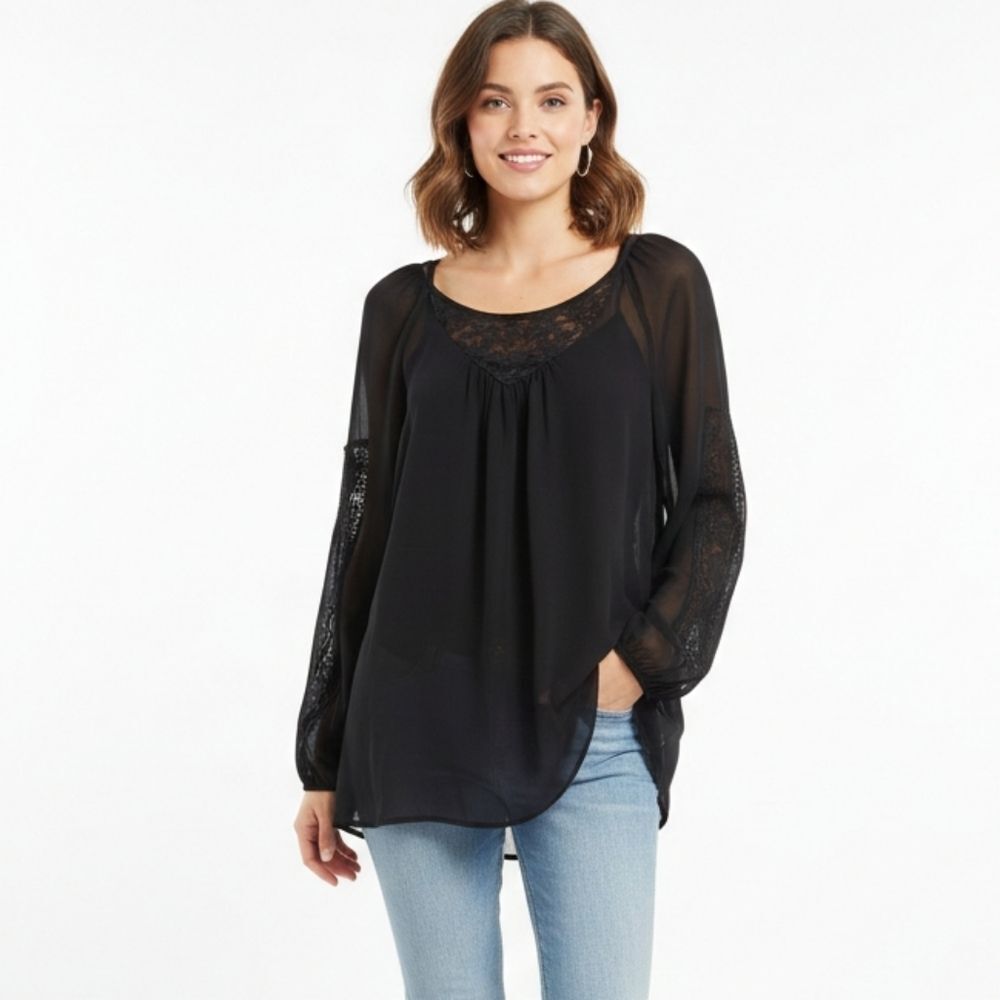 Trulli | Black Sheer Floral Lace Detail Blouse M Whismigoth Dark Romantic Witchy